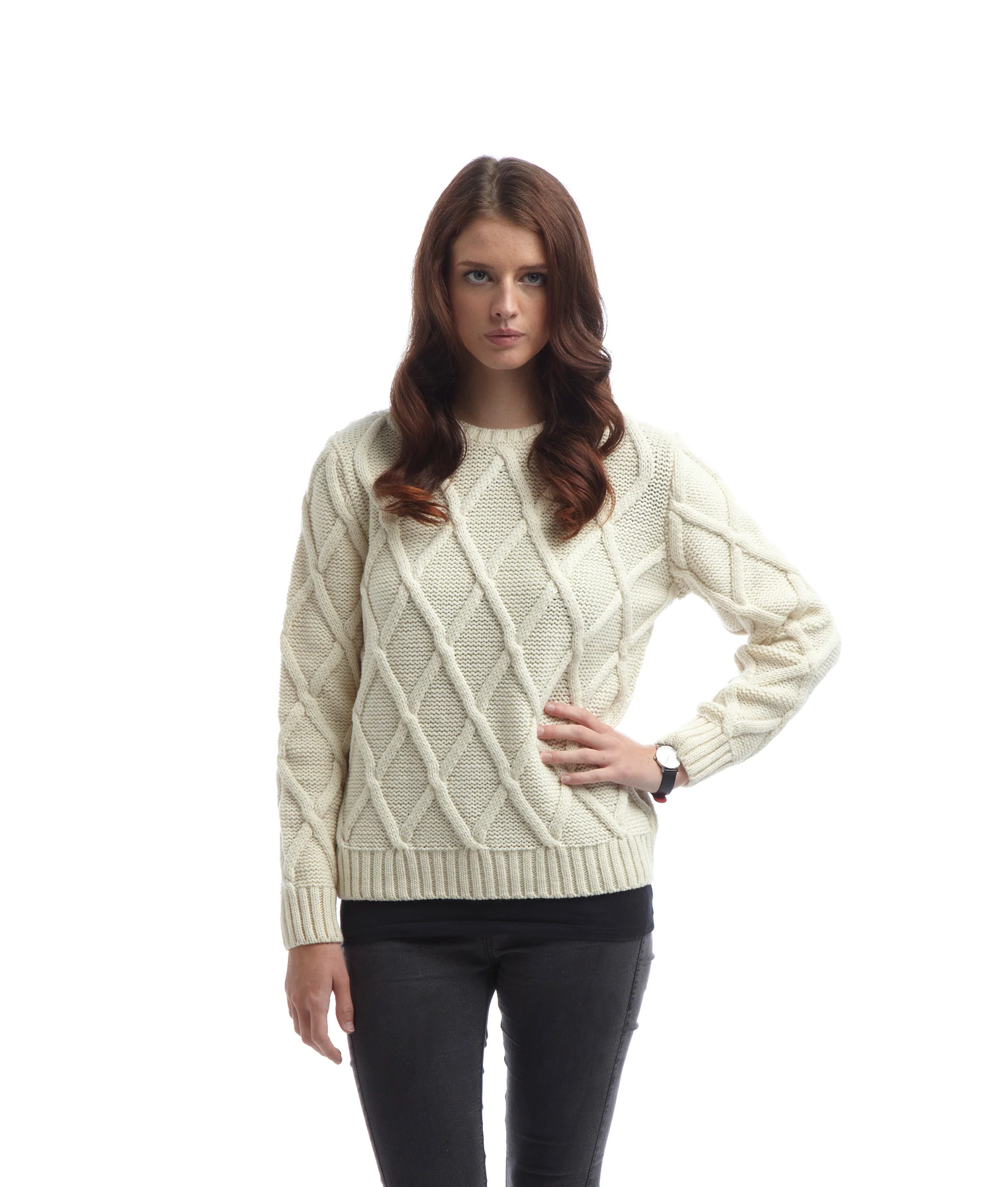 Ladies Cross Hatch Jumper - Cream - Image 2
